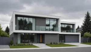 maison façade grise et fenêtres blanches