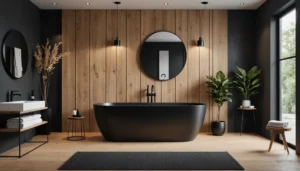 salle de bain avec bois et robinetterie noire