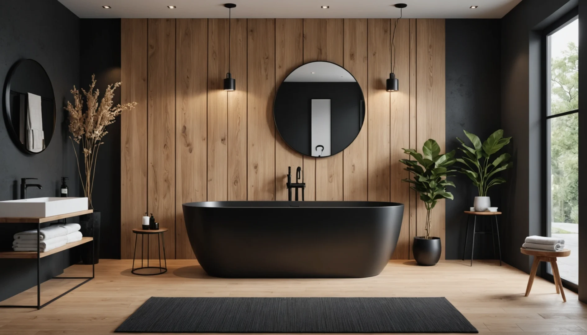 salle de bain avec bois et robinetterie noire