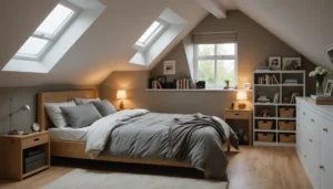 chambre à coucher lit sous la pente du toit